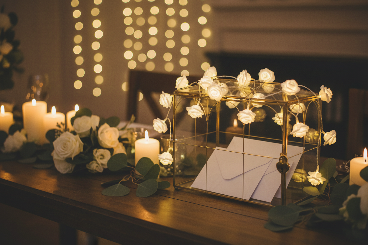 Lichtsnoer roosjes met gouden enveloppendoos sfeerfoto